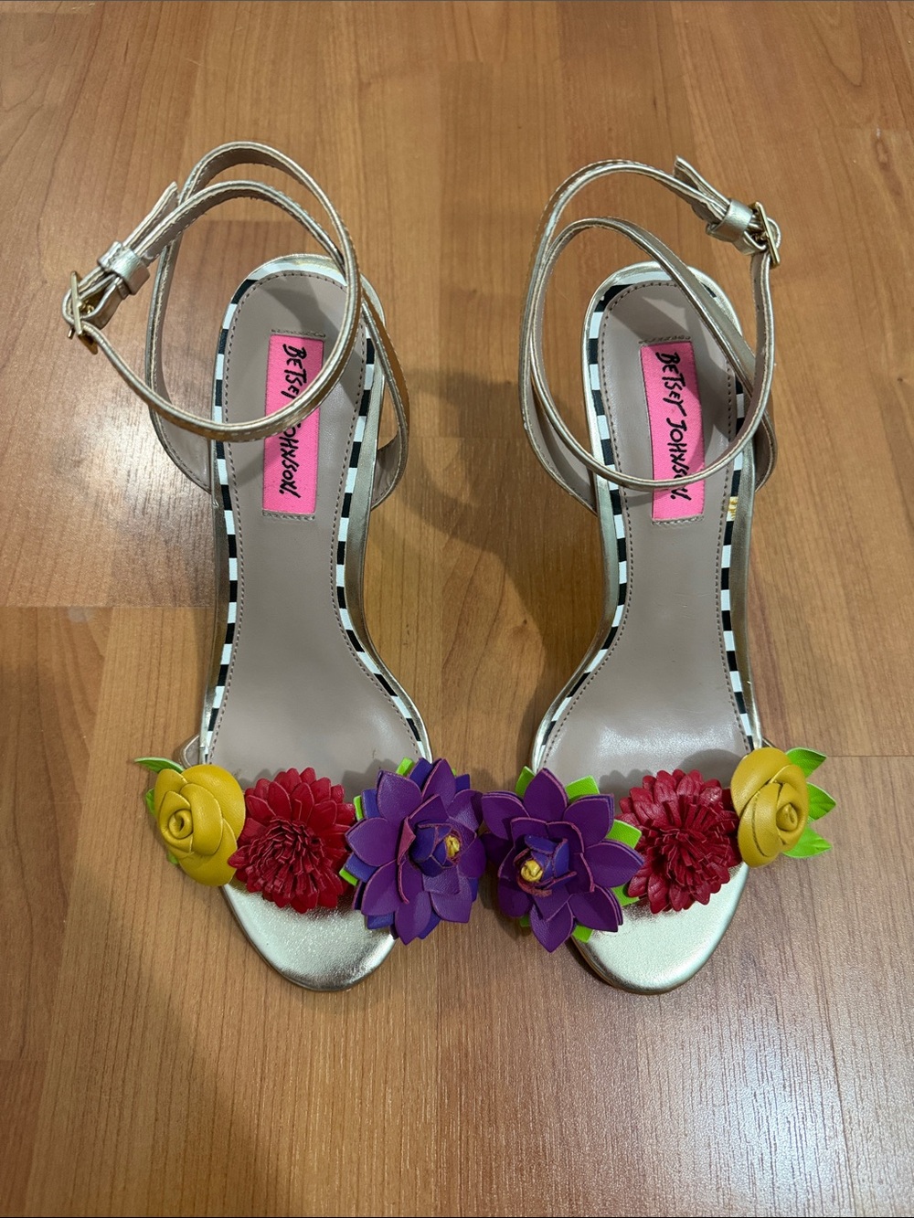Betsey Johnson Gold Floral Ankle-Strap Heels with Yellow Red Purple Flowers